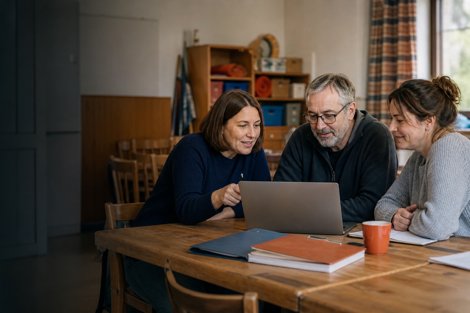 Ehrenamtliche organisieren gemeinsam ihre Vereinsarbeit am Laptop